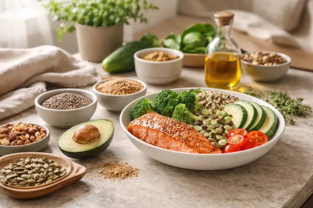 balanced meal with protein healthy fats and fiber supporting blood sugar stability after eating