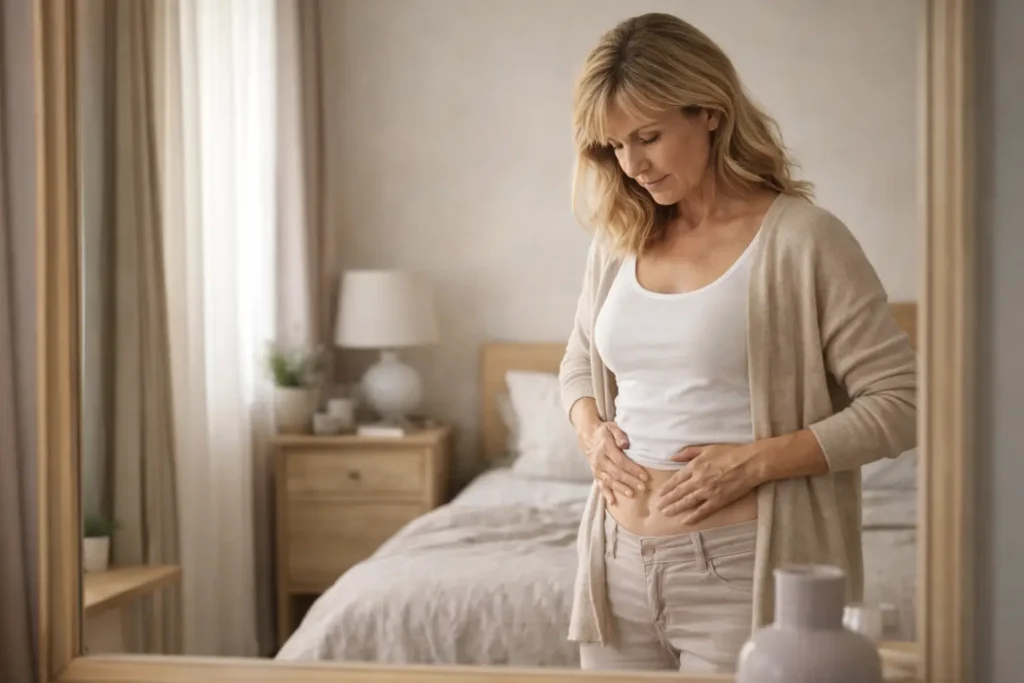 Woman in her early 50s looking at herself in a mirror reflecting about belly fat after menopause
