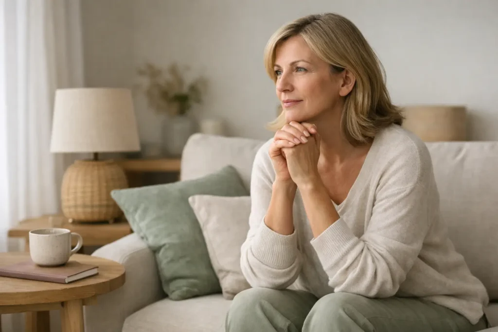 Woman in her 50s sitting calmly in a living room reflecting quietly, representing emotional regulation, hormonal balance and mindful eating behavior