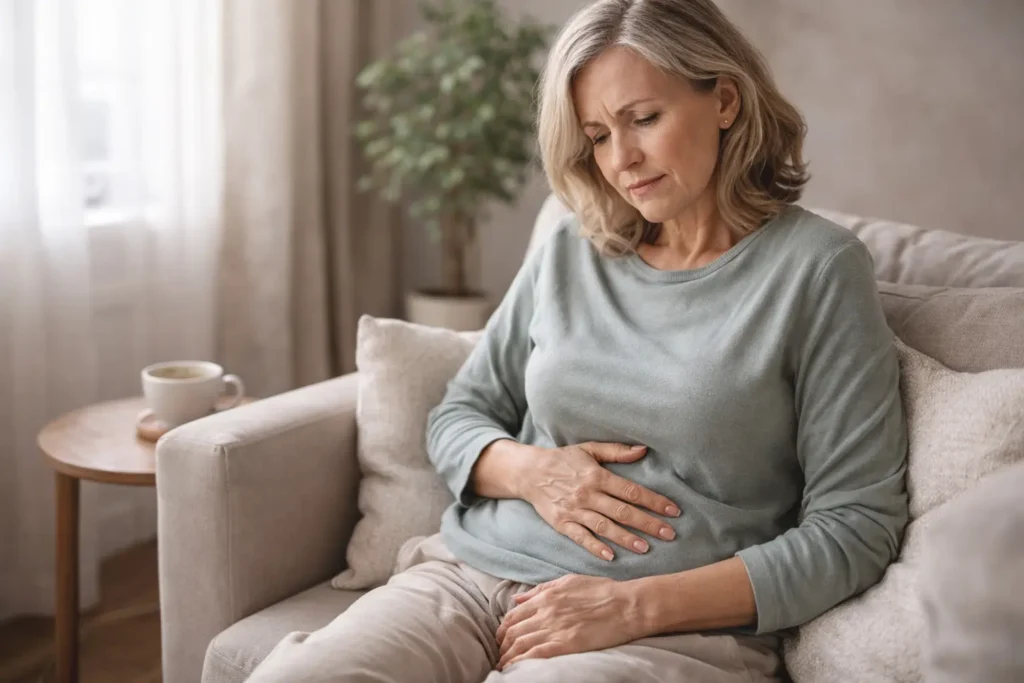 woman over 40 experiencing abdominal discomfort and bloating while sitting in a calm neutral living room environment