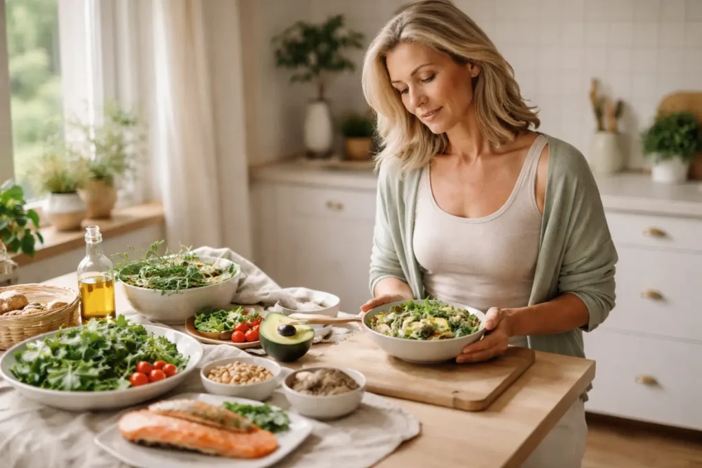 Woman in her early 50s preparing a healthy meal with salmon, avocado and vegetables, representing metabolism and calorie deficit challenges after 40