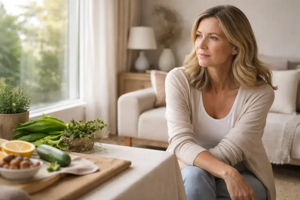 Woman in midlife reflecting near a window with healthy foods while learning how cortisol affects weight after 40