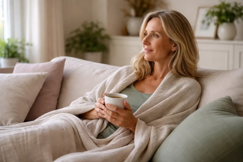 woman in her 40s sitting calmly on a sofa holding tea, representing emotional regulation and control over emotional eating