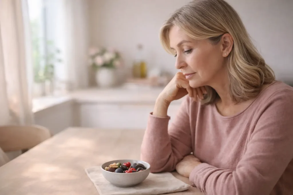 Woman in midlife reflecting before eating healthy snacks, illustrating emotional eating and hormonal changes during menopause.