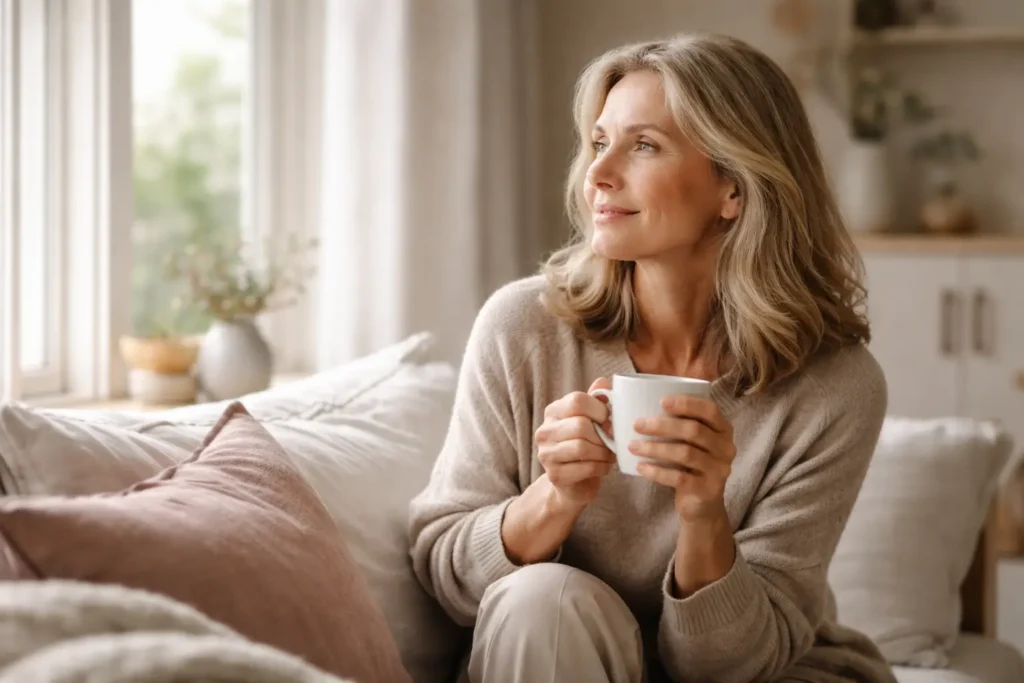 woman in her 50s holding herbal tea in a calm home environment representing emotional balance and hormonal changes during menopause