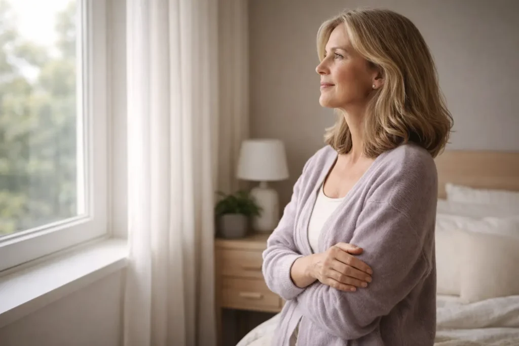 Woman standing near a window with a calm expression, representing stress regulation and emotional eating awareness
