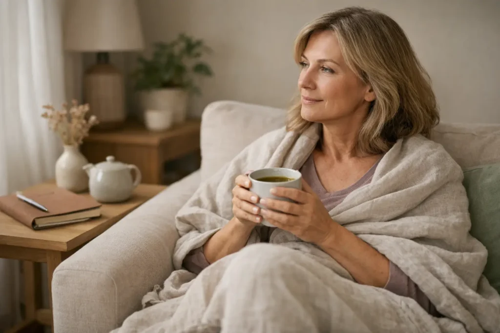 Woman in her 50s relaxing with herbal tea in a calm home environment, representing emotional balance, nervous system regulation and hormonal wellbeing