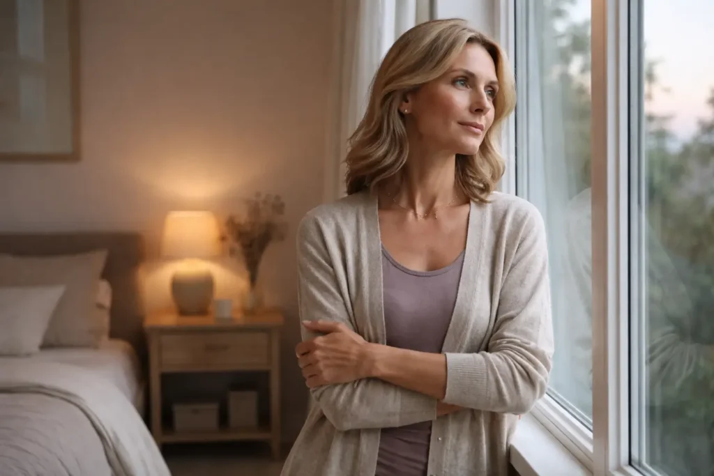 woman standing by window in evening reflecting emotional awareness related to nighttime emotional eating triggers