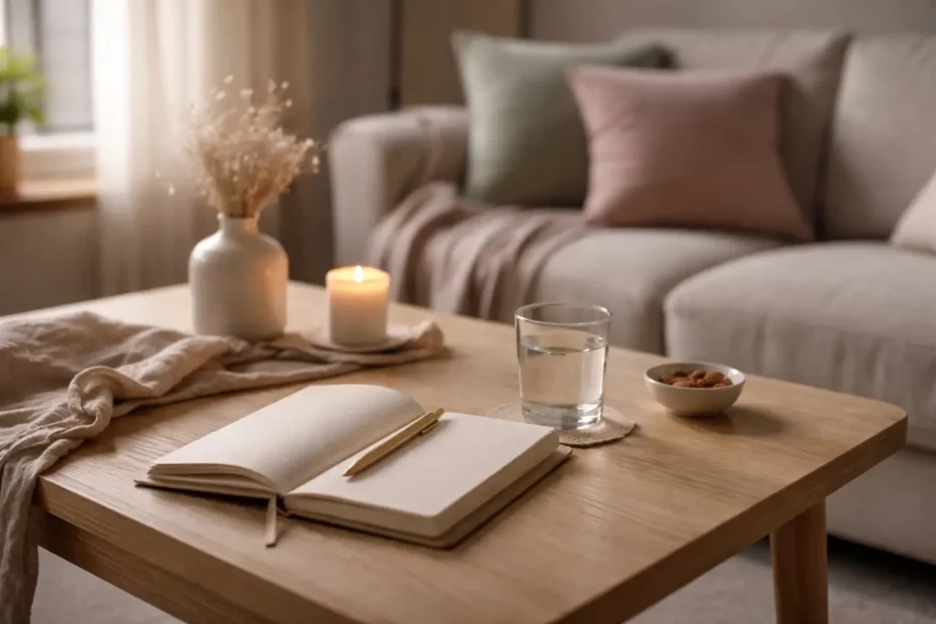 evening routine setup with journal and water supporting control of late night hunger through healthy habits