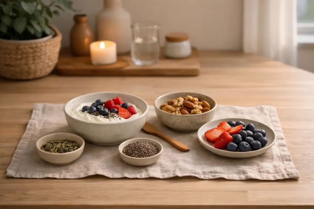 balanced evening snack with yogurt berries nuts and seeds to help reduce sugar cravings at night