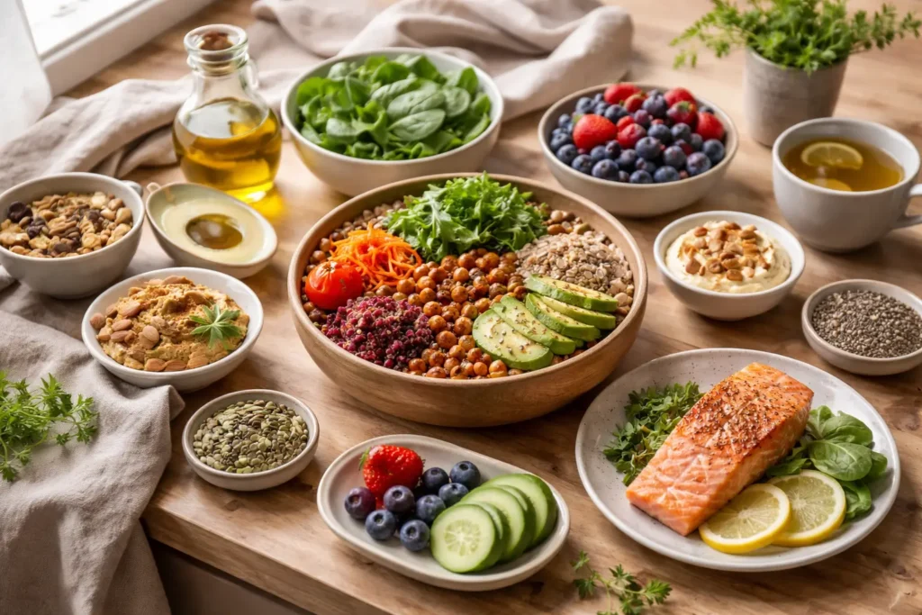 balanced meal with healthy foods that support emotional eating regulation including vegetables salmon seeds and whole foods