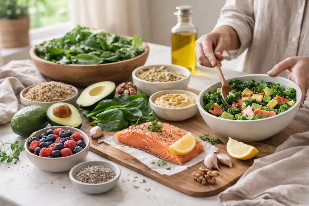 woman preparing balanced meal with whole foods that help reduce sugar cravings quickly