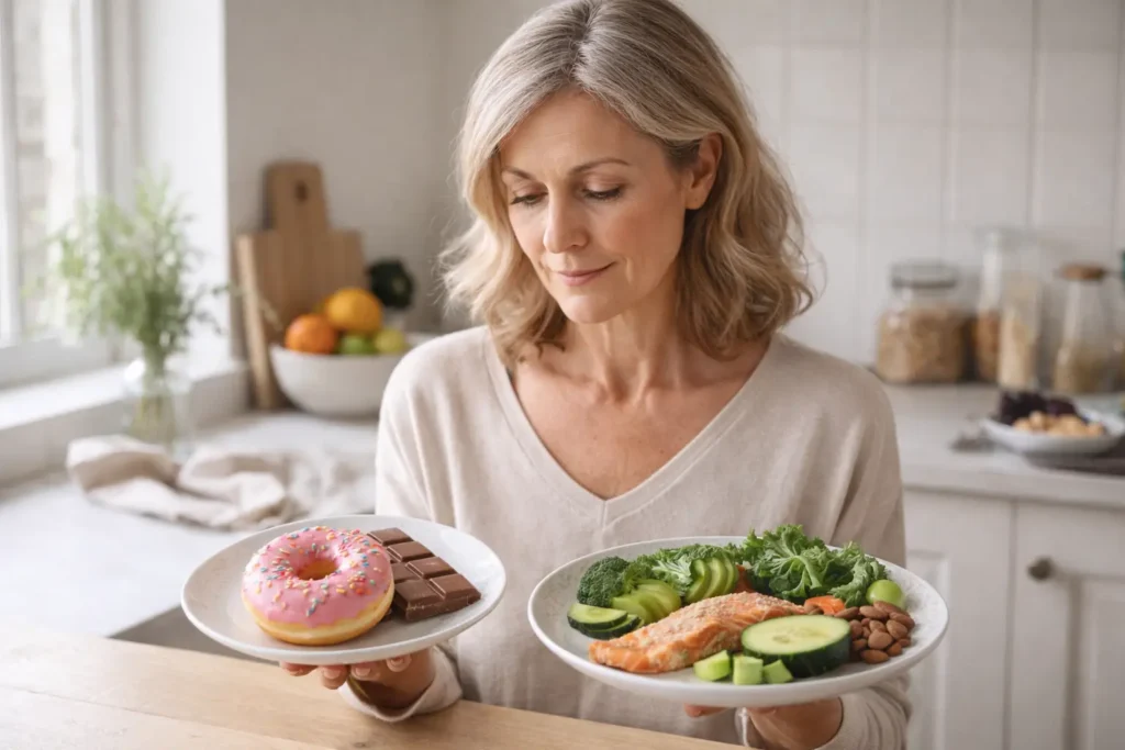 Woman comparing processed and healthy foods representing dietary choices that influence inflammation and gut health