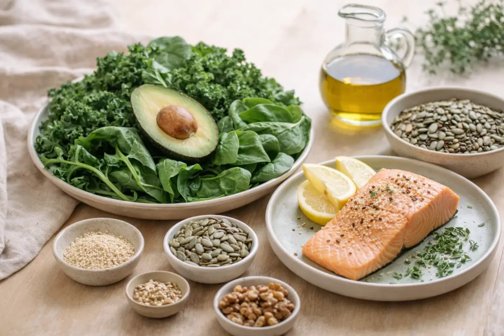 Healthy whole foods for hormonal balance and metabolism including salmon, avocado, leafy greens, nuts and seeds on a neutral kitchen surface