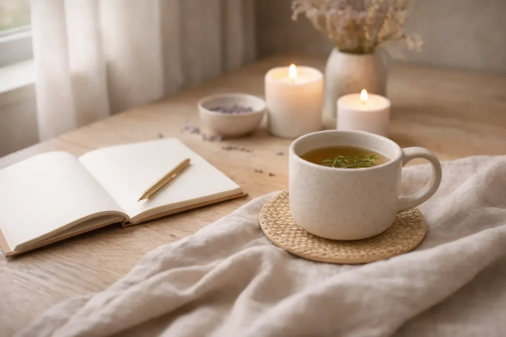 herbal tea, journal and candles on a wooden surface representing a calm wellness routine that supports gut health after 40