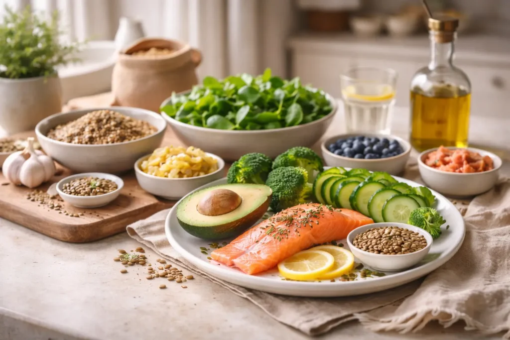 Healthy whole foods for gut health including salmon, avocado, vegetables and seeds supporting metabolism and weight balance after 40