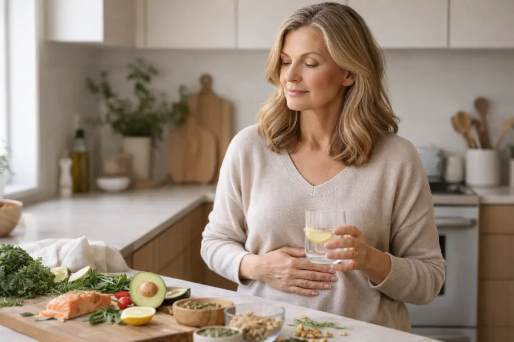 woman over 40 in a kitchen holding healthy foods and touching her abdomen, representing gut health and metabolism balance