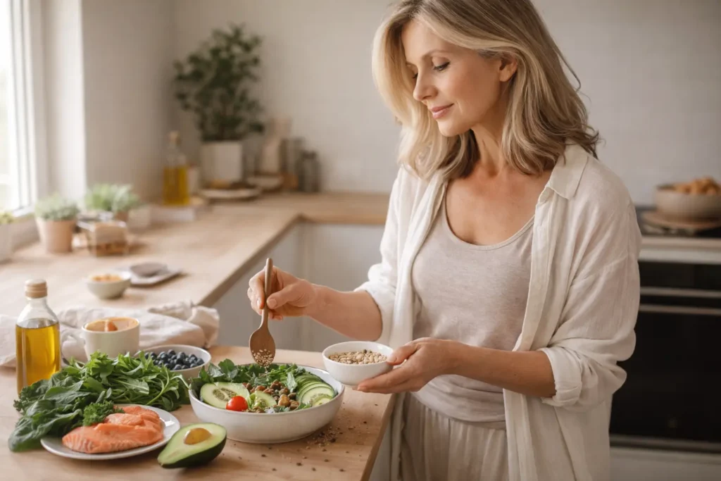 Woman over 40 preparing healthy food representing metabolism support and hormonal balance after 40