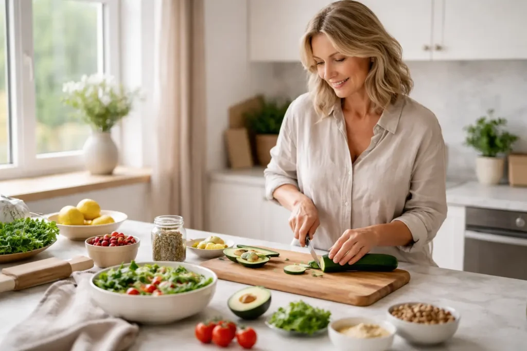 woman preparing healthy food in a bright kitchen supporting balanced eating and craving regulation