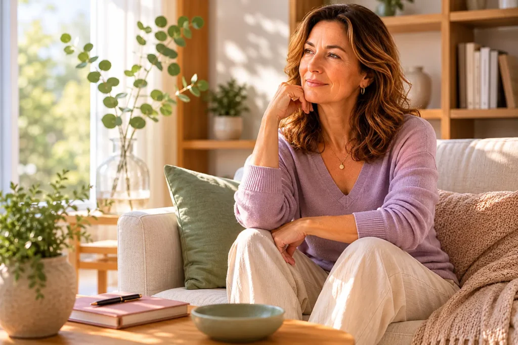 Woman in her 50s sitting at a table in a calm home environment, reflecting on lifestyle and hormonal balance during menopause