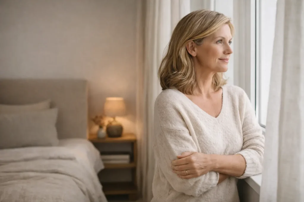 woman in her 50s looking out window in calm bedroom reflecting hormonal changes and fat storage after 40