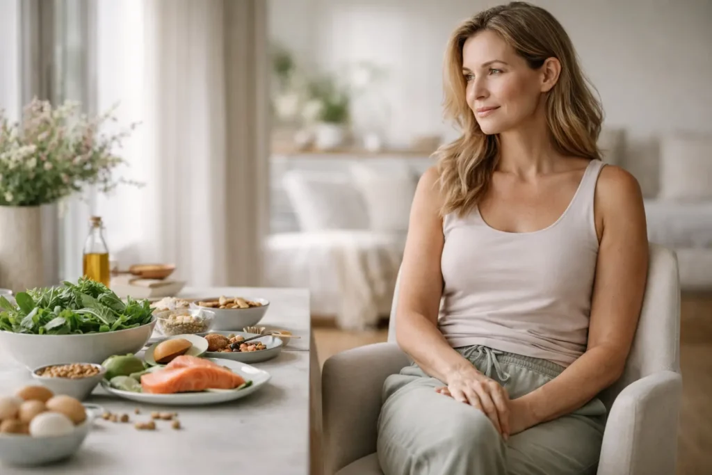 woman in her 40s sitting in a calm home environment with healthy foods, representing hormones fat storage and metabolism balance
