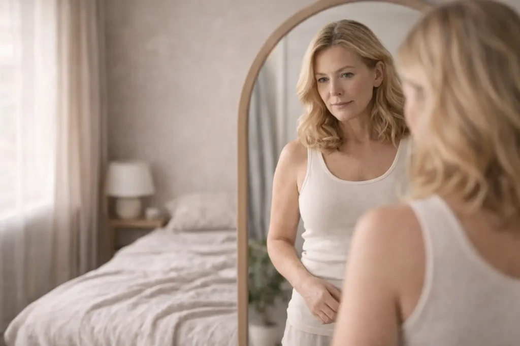 Woman in her early 50s looking at herself in a mirror reflecting about hormonal weight changes during menopause