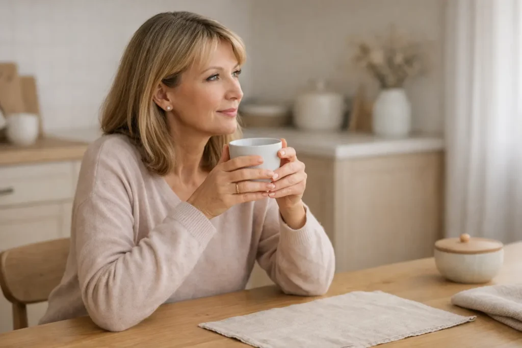 woman in her 50s holding tea making a mindful decision about eating carbs in a calm kitchen environment