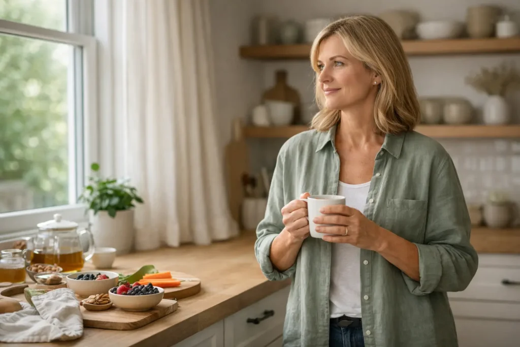 Woman standing in a calm kitchen holding a cup and surrounded by natural foods, representing control over sugar cravings and balanced nutrition