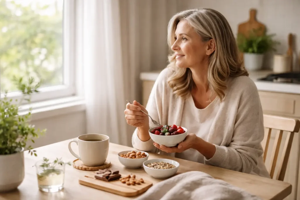 Woman in her 50s enjoying healthy snacks like berries and nuts in a calm kitchen environment, representing natural ways to stop sugar cravings