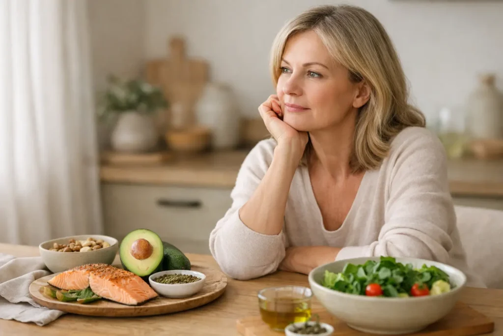 Woman in her early 50s choosing healthy foods like salmon, avocado and greens, representing inflammation, metabolism and fat burning balance
