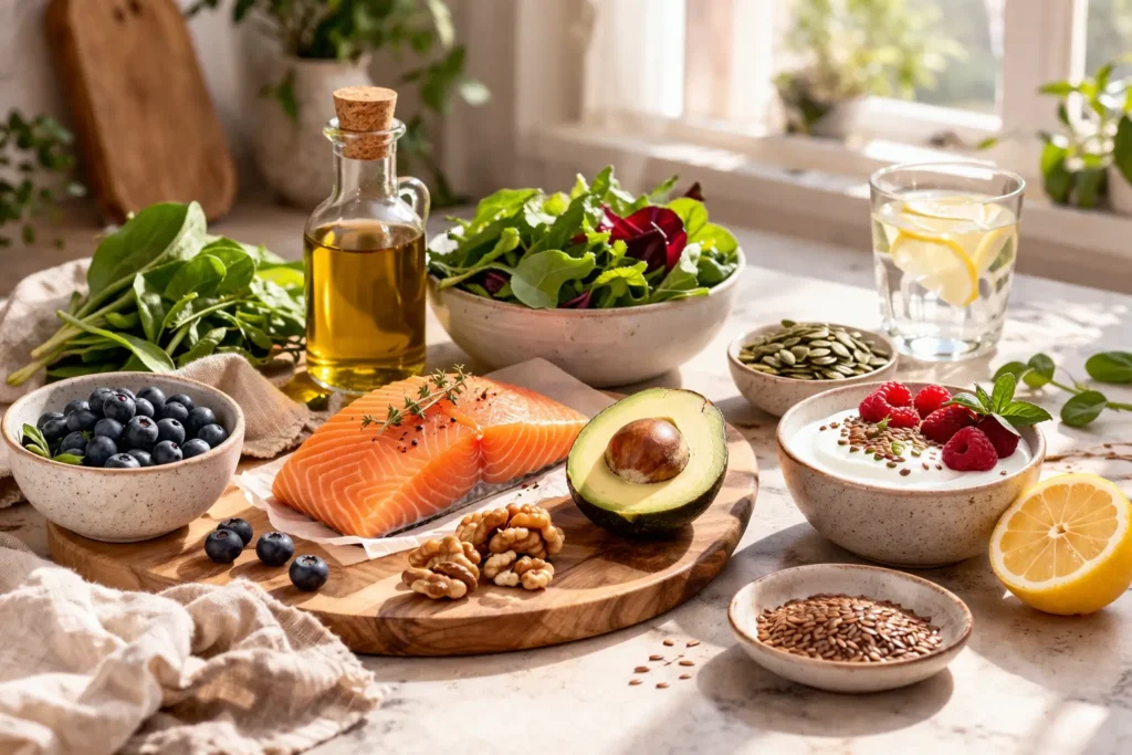 anti inflammatory whole foods including salmon, seeds, greens and healthy fats supporting hormonal balance after 40