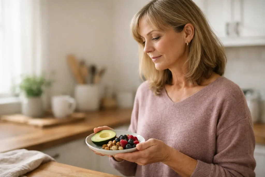 Woman in midlife noticing increased appetite while holding healthy foods during menopause in a calm kitchen environment