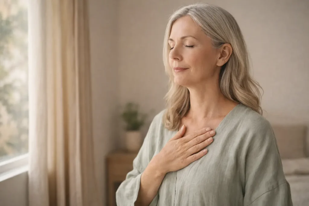 Midlife woman practicing slow breathing near a window to support nervous system balance during menopause
