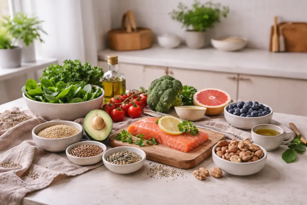 whole foods including salmon, vegetables, seeds and healthy fats supporting metabolism after 40 in a minimalist kitchen setting