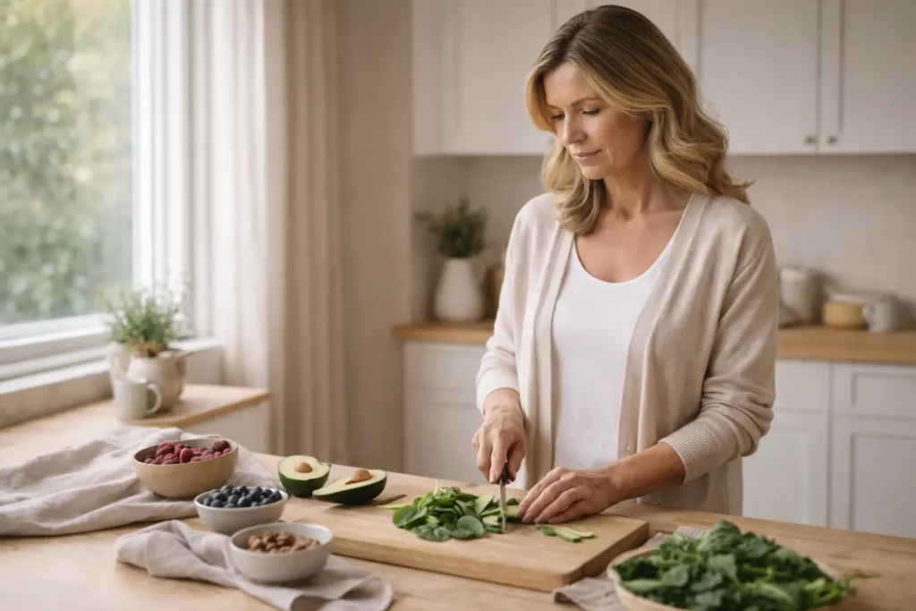 Woman in midlife preparing healthy food while learning why metabolism slows down after menopause