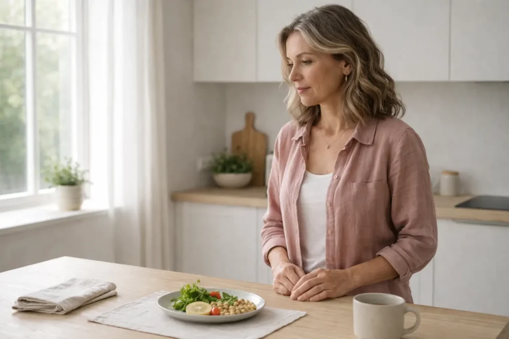 Woman pausing before eating and practicing mindful awareness when not physically hungry