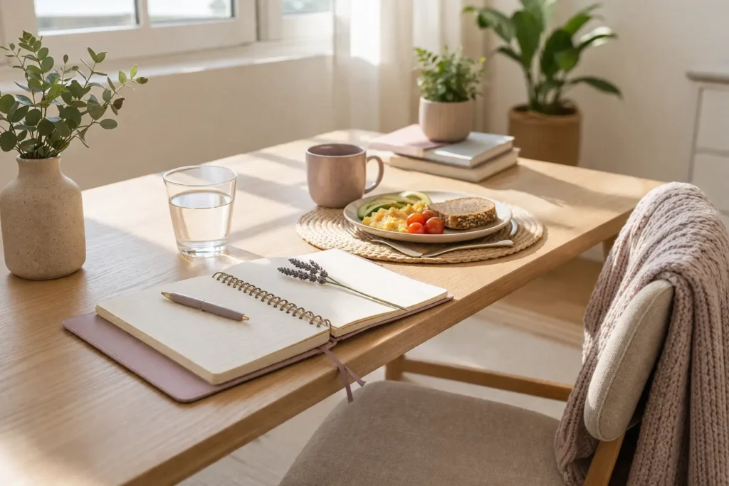 morning routine setup with balanced breakfast and journal supporting stable blood sugar and healthy daily habits