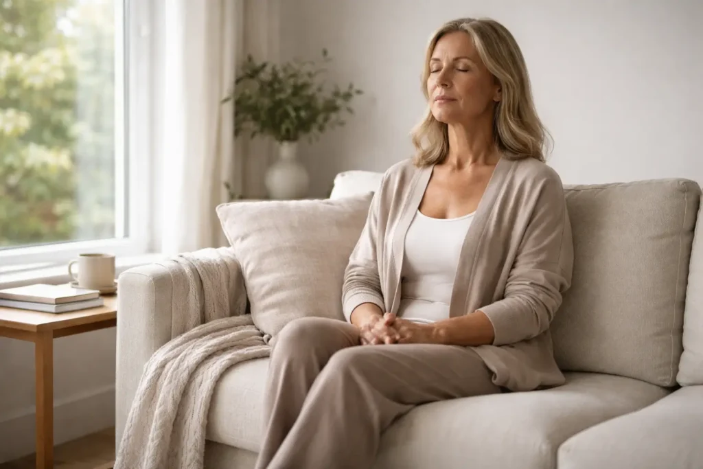 Woman in her 50s practicing calm breathing on a sofa in a peaceful living room, representing control over night eating, emotional regulation and hormonal balance