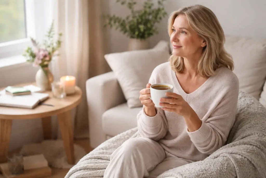 woman in her 50s relaxing with herbal tea in a calm living room, representing nervous system regulation and stress balance