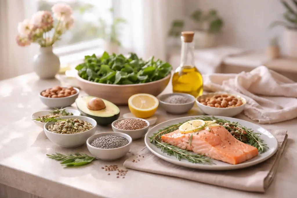 Healthy foods that support hormonal balance and metabolism during midlife including salmon, avocado, leafy greens and seeds on a neutral kitchen surface.