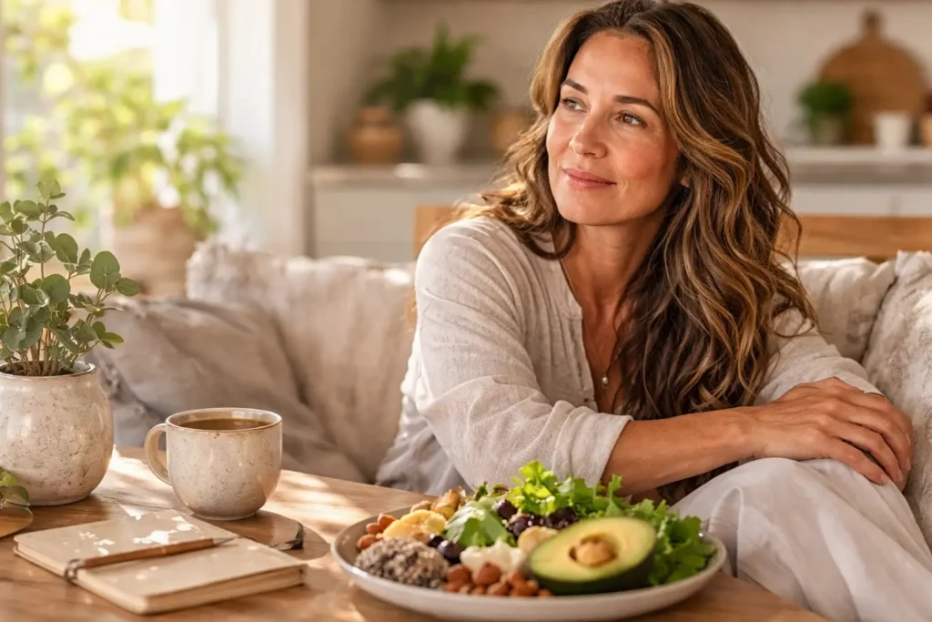 woman over 40 eating a healthy meal in a calm home environment representing metabolism balance and hormonal health
