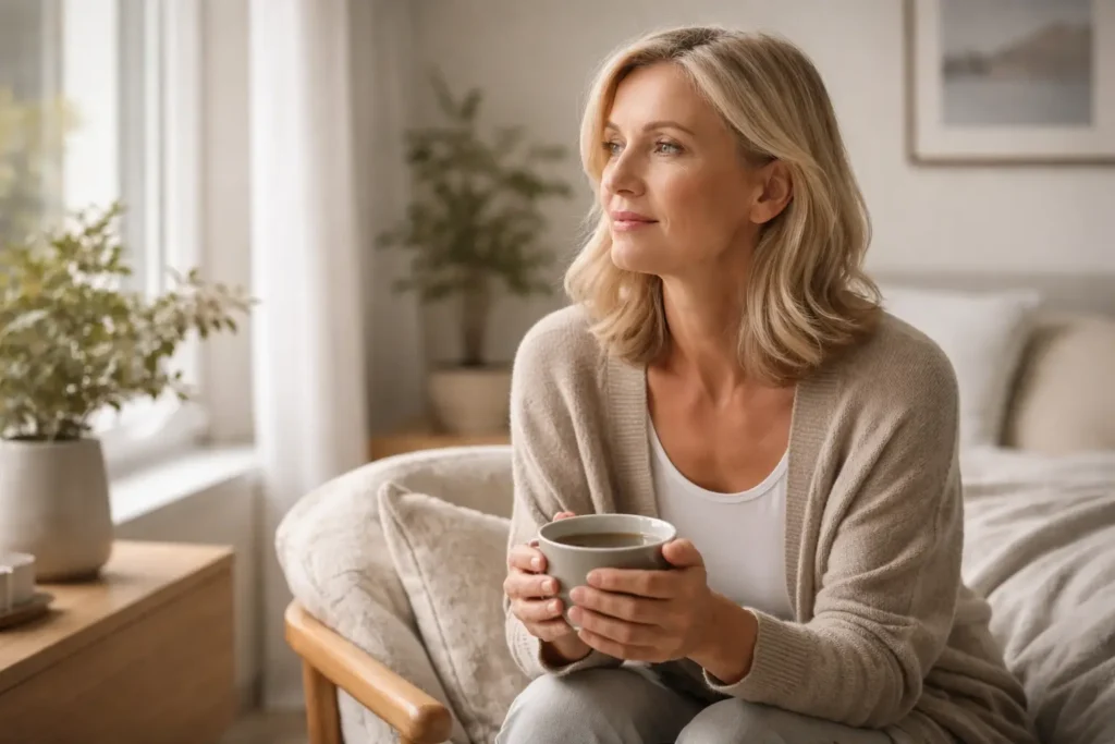 Woman in her 40s holding tea and looking out the window, representing sugar cravings after 40 and emotional hormonal changes