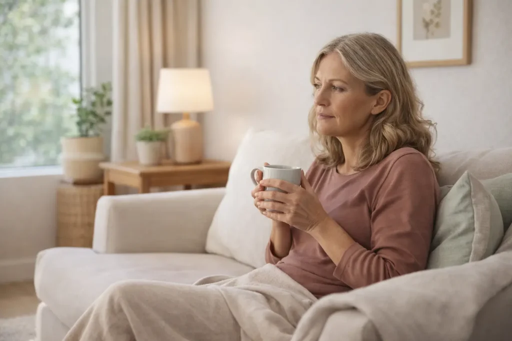 woman in her 50s sitting on sofa holding tea reflecting evening fatigue and sugar cravings after 40