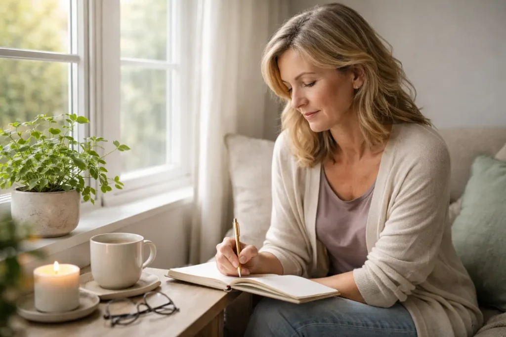Woman in her 50s journaling by a window in a calm environment, representing awareness of eating behavior without physical hunger