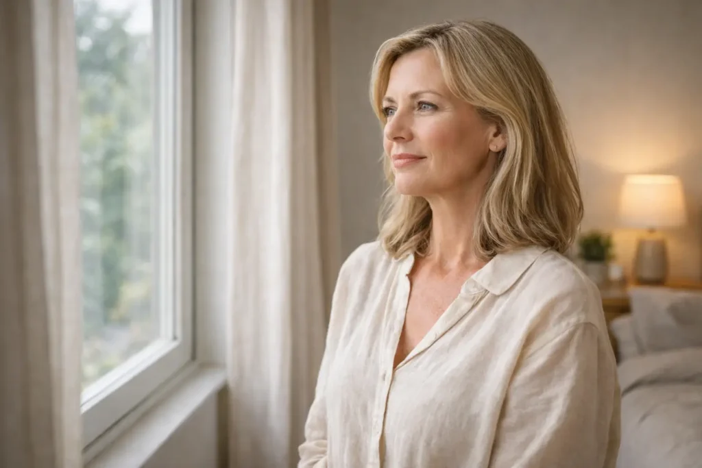 woman standing near window reflecting on stress and emotional patterns in a calm bedroom environment
