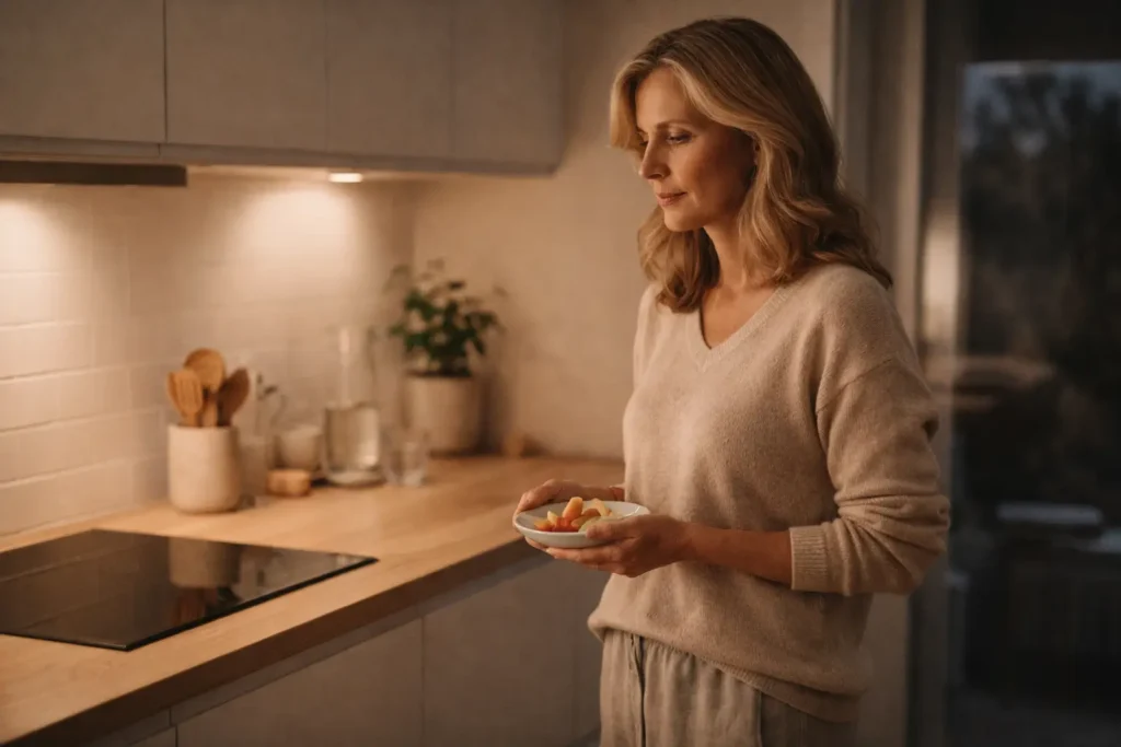woman pausing in the kitchen at night holding food showing awareness and control before overeating