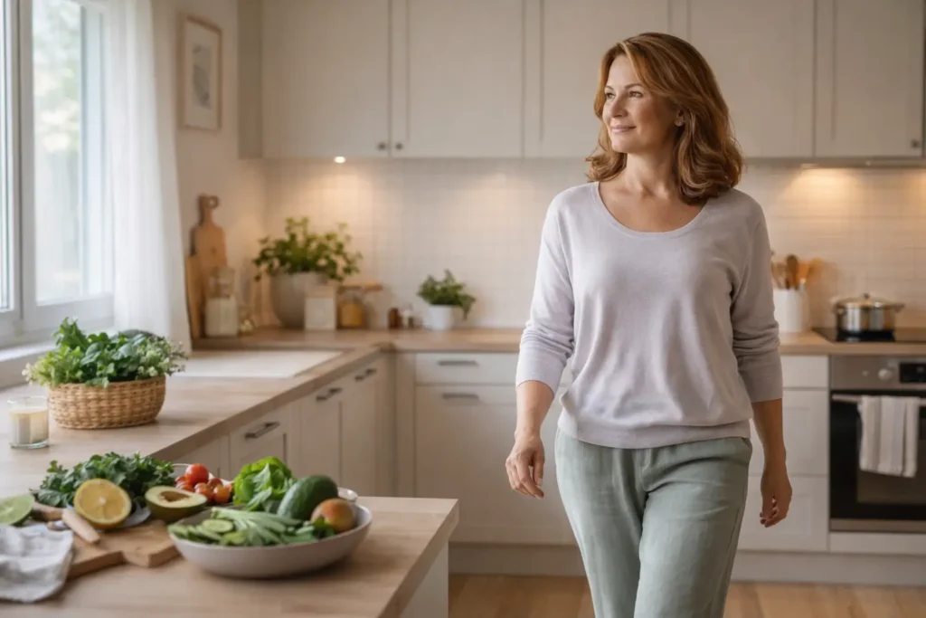 woman walking in a bright kitchen with fresh food representing healthy habits and reduced evening cravings