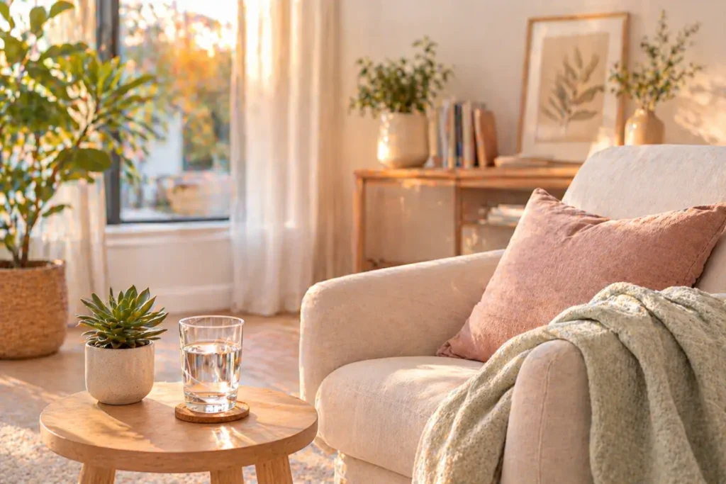 minimalist living room in soft evening light representing reduced energy and hunger signals at night