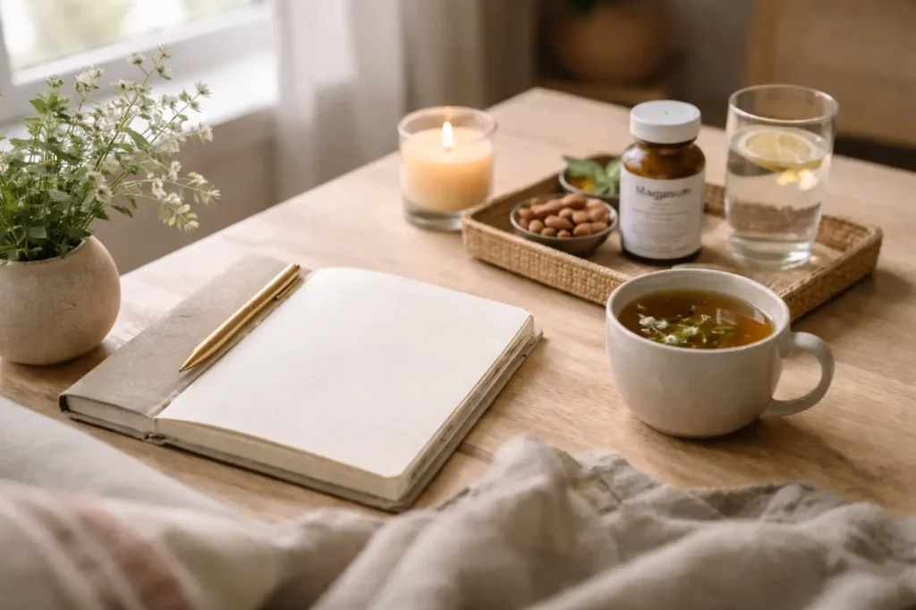 calm journaling and self care setup supporting awareness and breaking emotional eating cycle
